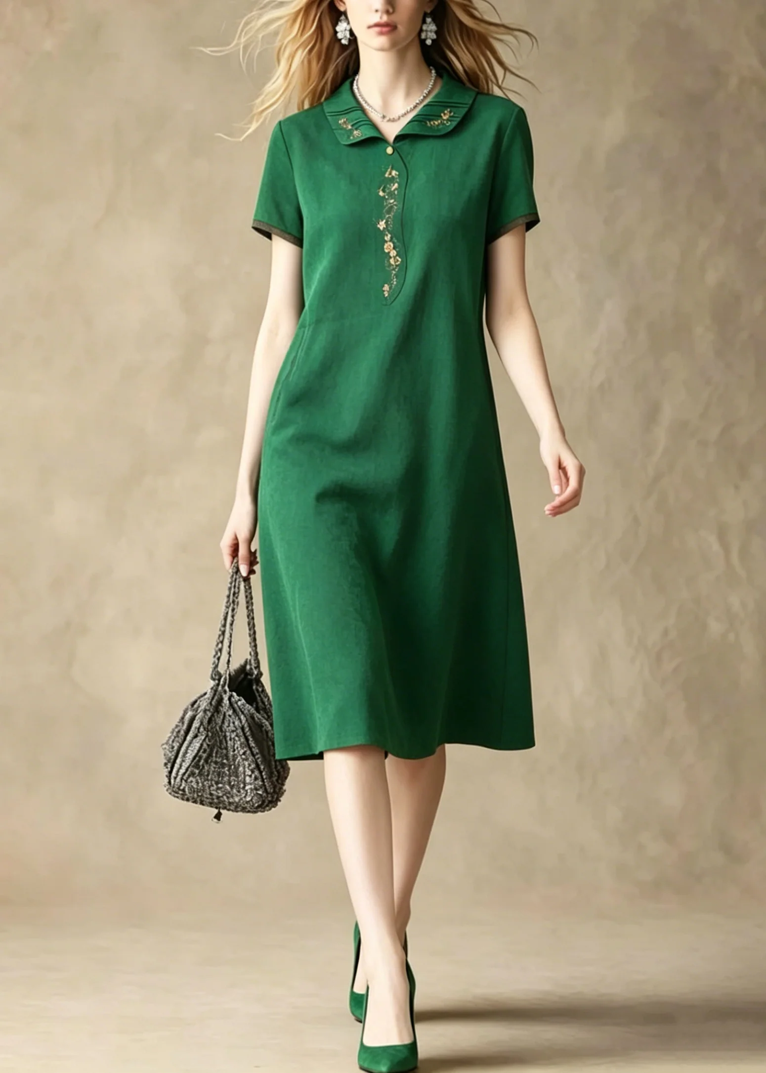 Loose Green Peter Pan Collar Embroidered Silk Dress Summer