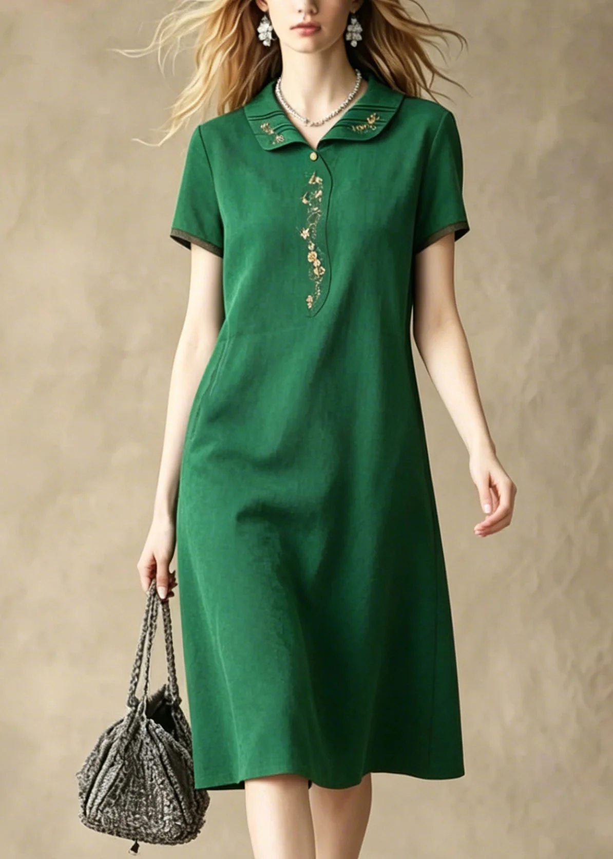 Loose Green Peter Pan Collar Embroidered Silk Dress Summer - Image 2