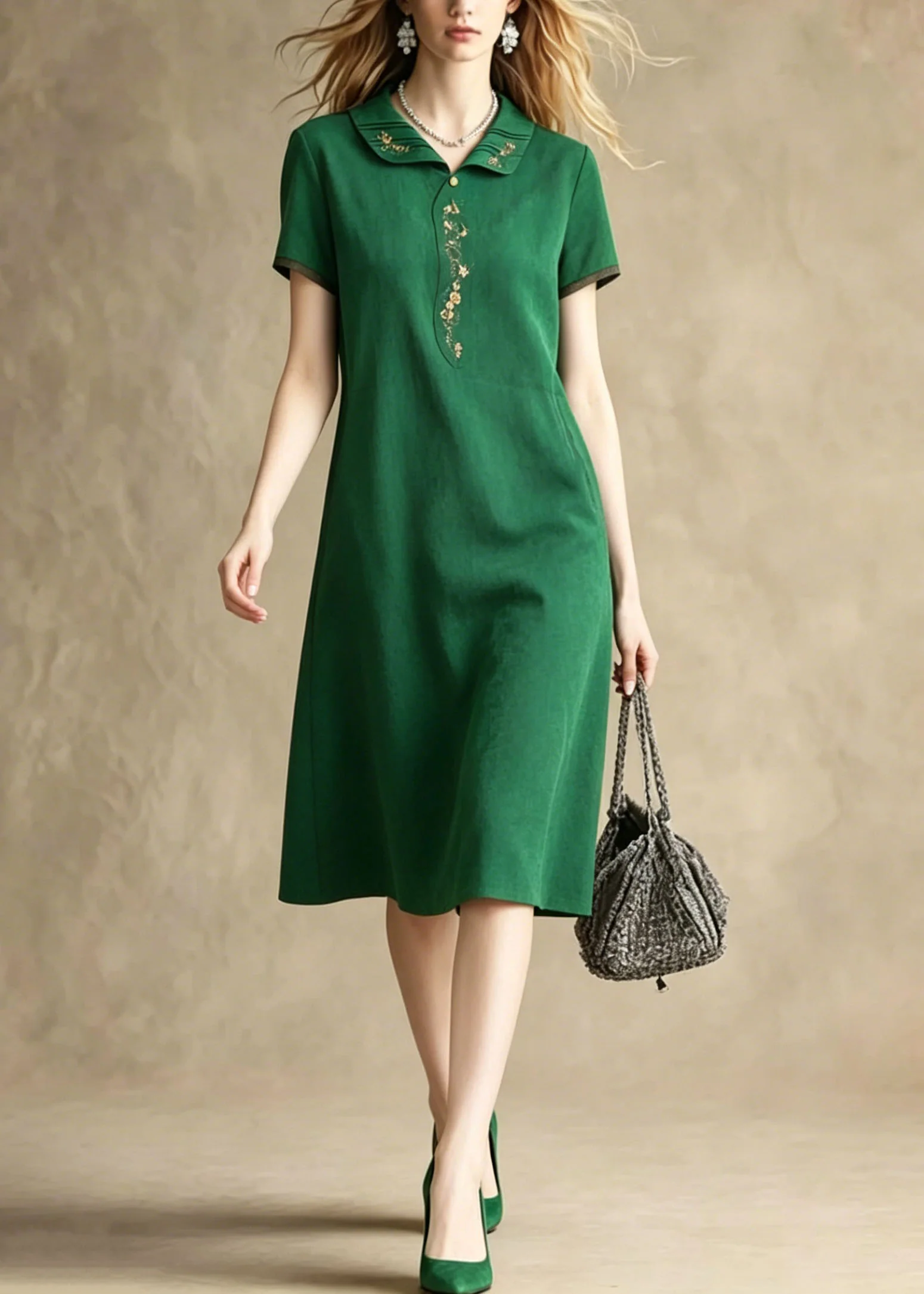 Loose Green Peter Pan Collar Embroidered Silk Dress Summer - Image 3