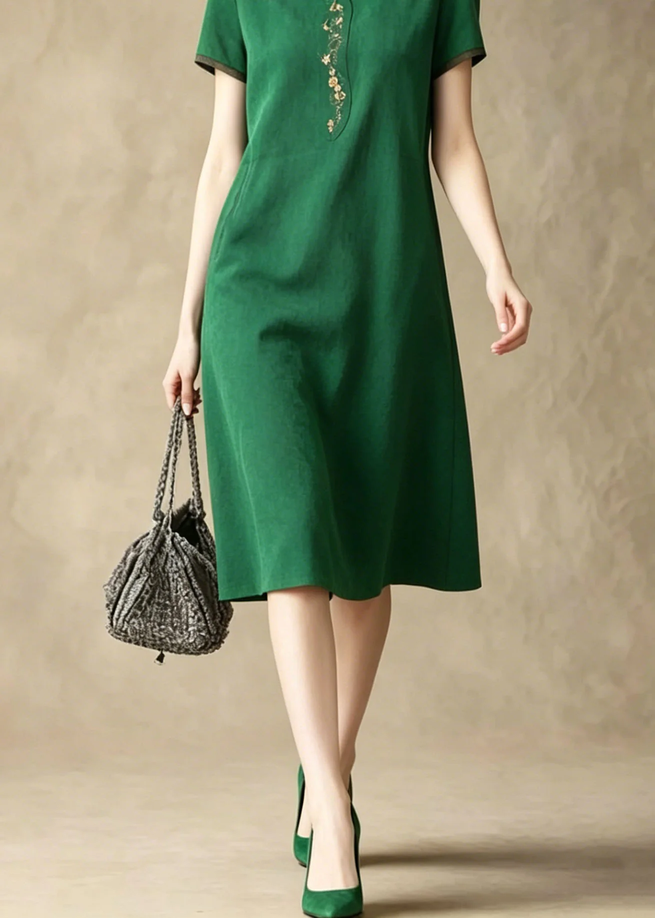 Loose Green Peter Pan Collar Embroidered Silk Dress Summer - Image 4