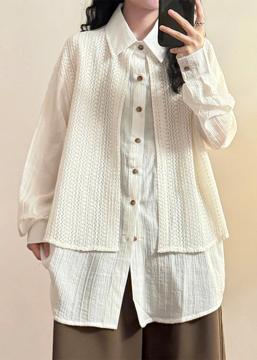 Loose Green Peter Pan Collar False Two Pieces Knit Patchwork Shirt Spring - Image 3