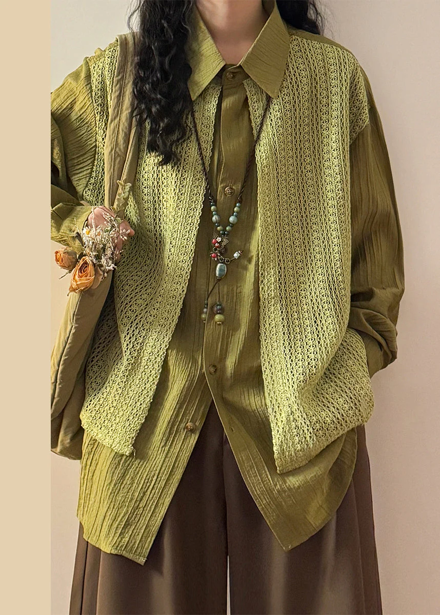 Loose Green Peter Pan Collar False Two Pieces Knit Patchwork Shirt Spring - Image 5