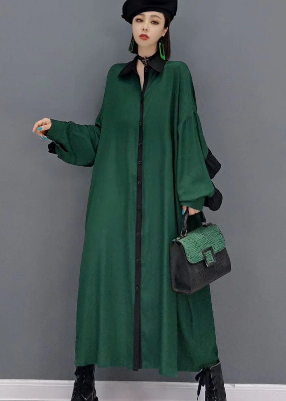 loose Green Peter Pan Collar Patchwork shirt Dress Spring - Image 2
