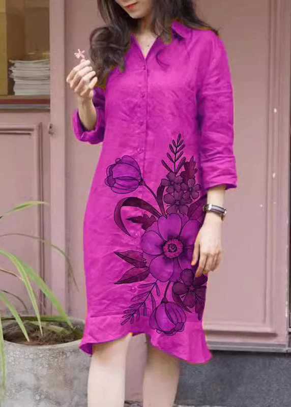 Loose Green Peter Pan Collar Print Button Long Shirts Dress Fall - Image 2