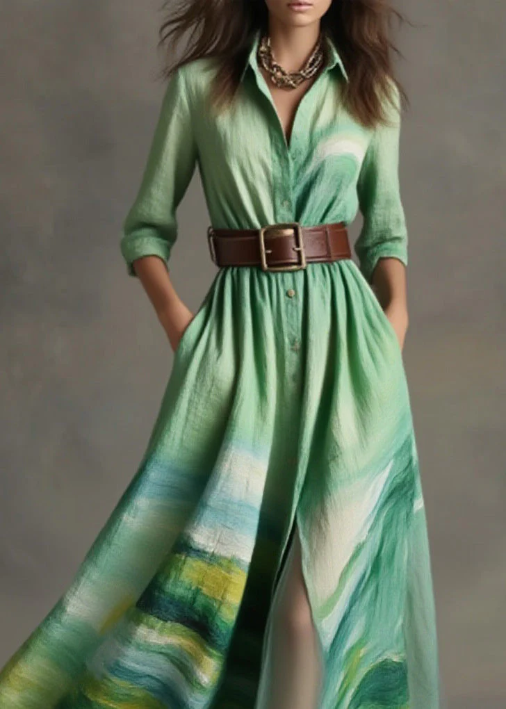 Loose Green Peter Pan Collar Print Cotton Long Dress Spring - Image 2