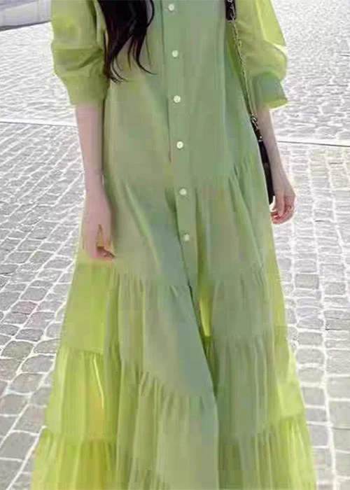Loose Green Peter Pan Collar Wrinkled Button Cotton Blouses Dresses Fall - Image 4