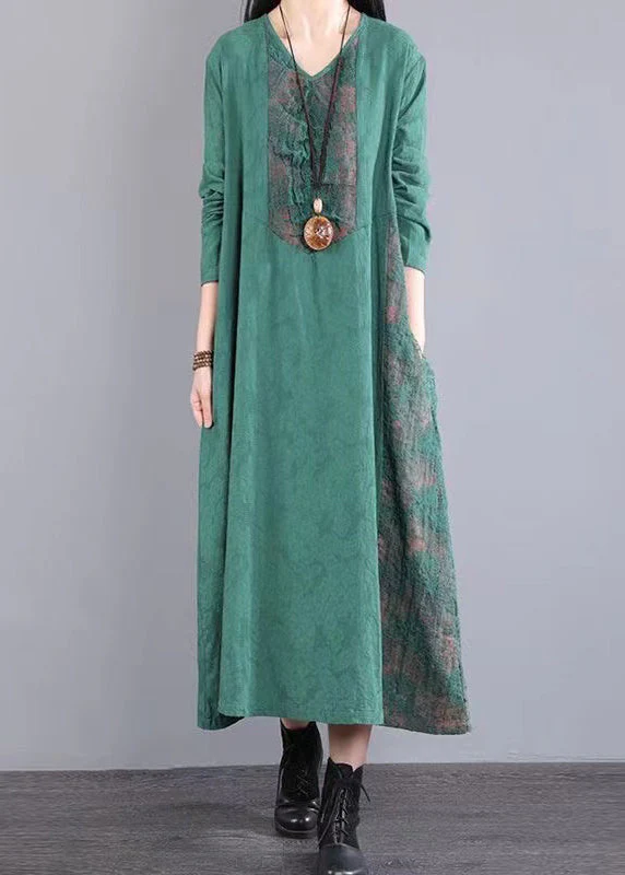 Loose Green Pockets Hollow Out Lace Patchwork Cotton Dress Fall