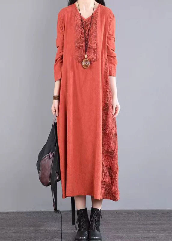 Loose Green Pockets Hollow Out Lace Patchwork Cotton Dress Fall - Image 2