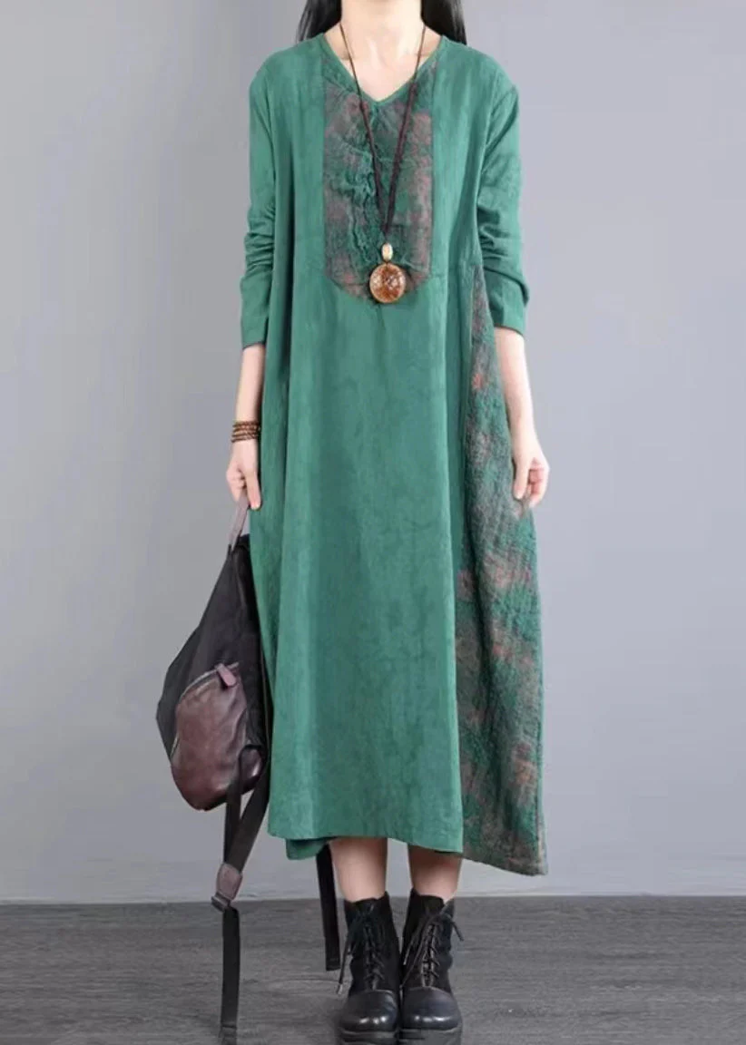 Loose Green Pockets Hollow Out Lace Patchwork Cotton Dress Fall - Image 3