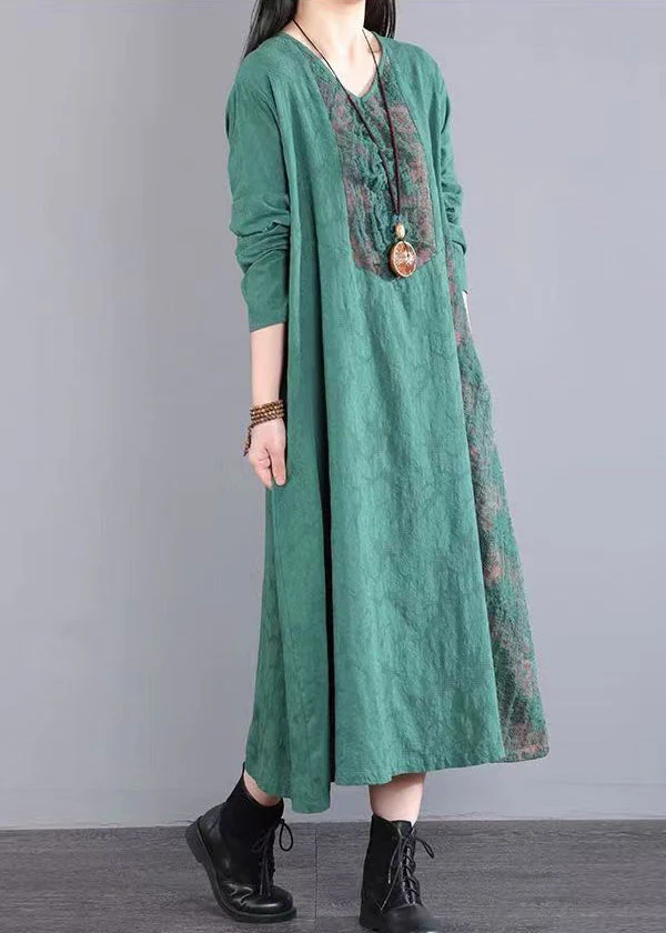 Loose Green Pockets Hollow Out Lace Patchwork Cotton Dress Fall - Image 4