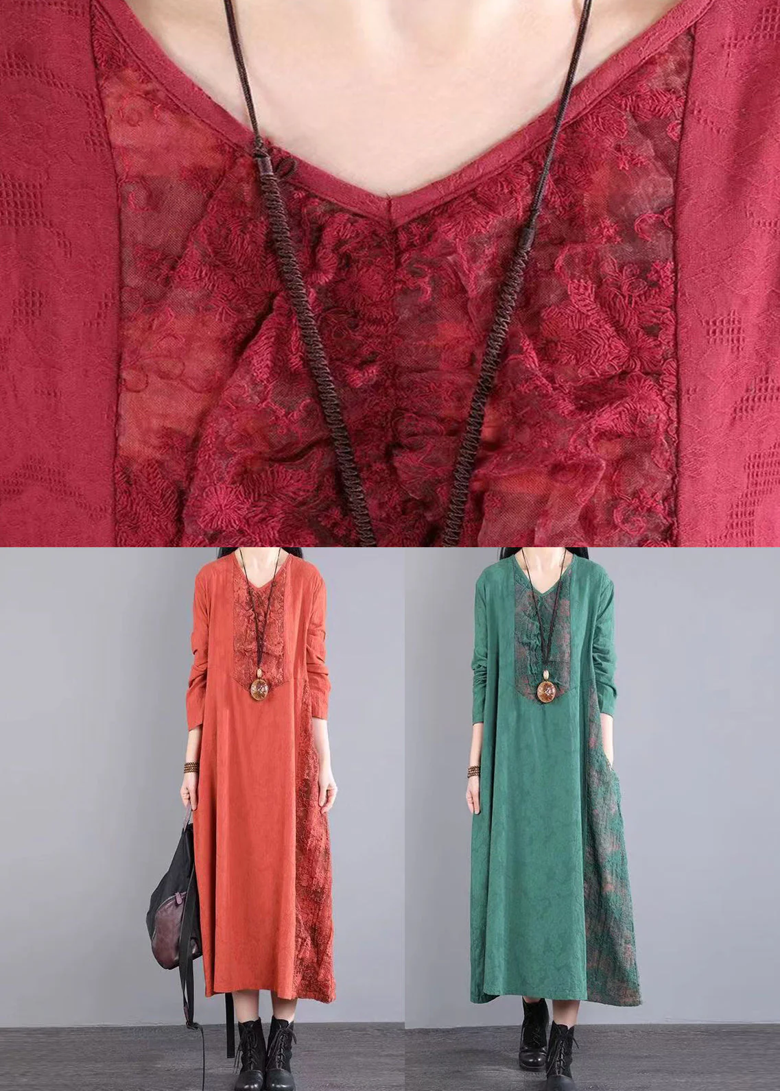 Loose Green Pockets Hollow Out Lace Patchwork Cotton Dress Fall - Image 5