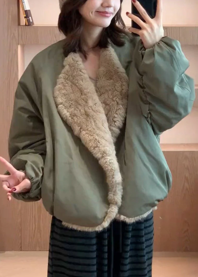 Loose Green Pockets Wear On Both Sides Solid Fluffy Coats
