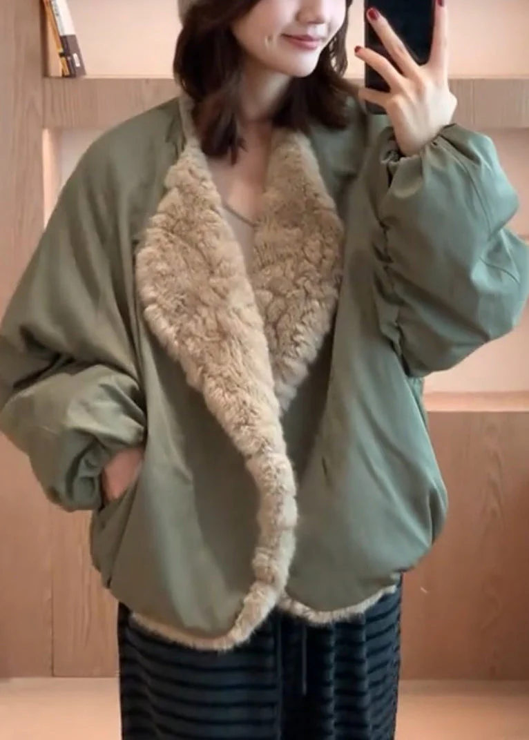 Loose Green Pockets Wear On Both Sides Solid Fluffy Coats - Image 4
