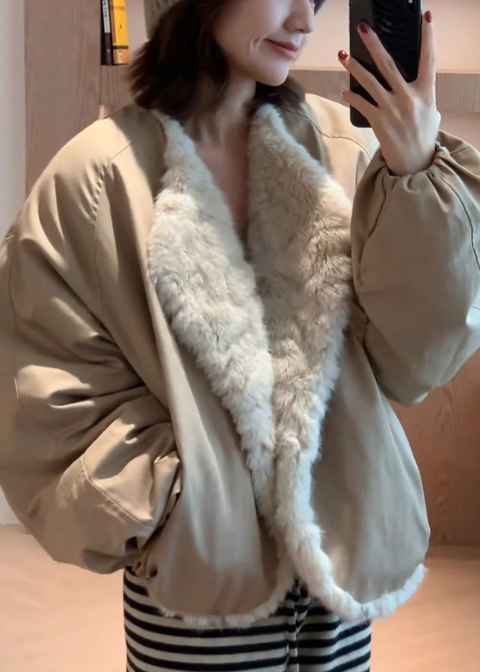 Loose Green Pockets Wear On Both Sides Solid Fluffy Coats - Image 5