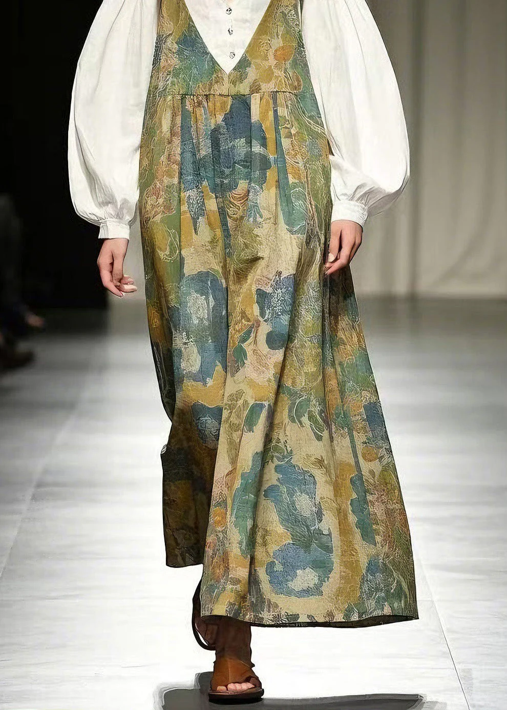 Loose Green Print Cotton Wide Leg Jumpsuits Summer - Image 4