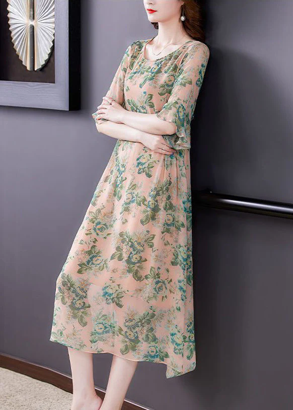 Loose Green Print O Neck High Waist Chiffon Dress Half Sleeve - Image 2