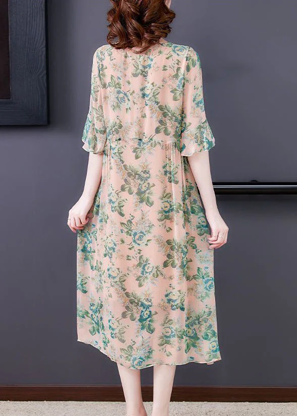 Loose Green Print O Neck High Waist Chiffon Dress Half Sleeve - Image 3