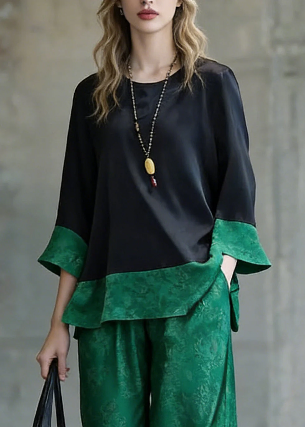 Loose Green Print Side Open Patchwork Silk Two Pieces Set Bracelet Sleeve - Image 2