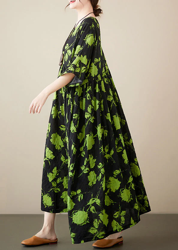 Loose Green Print Wrinkled Cotton Maxi Dresses Summer - Image 4