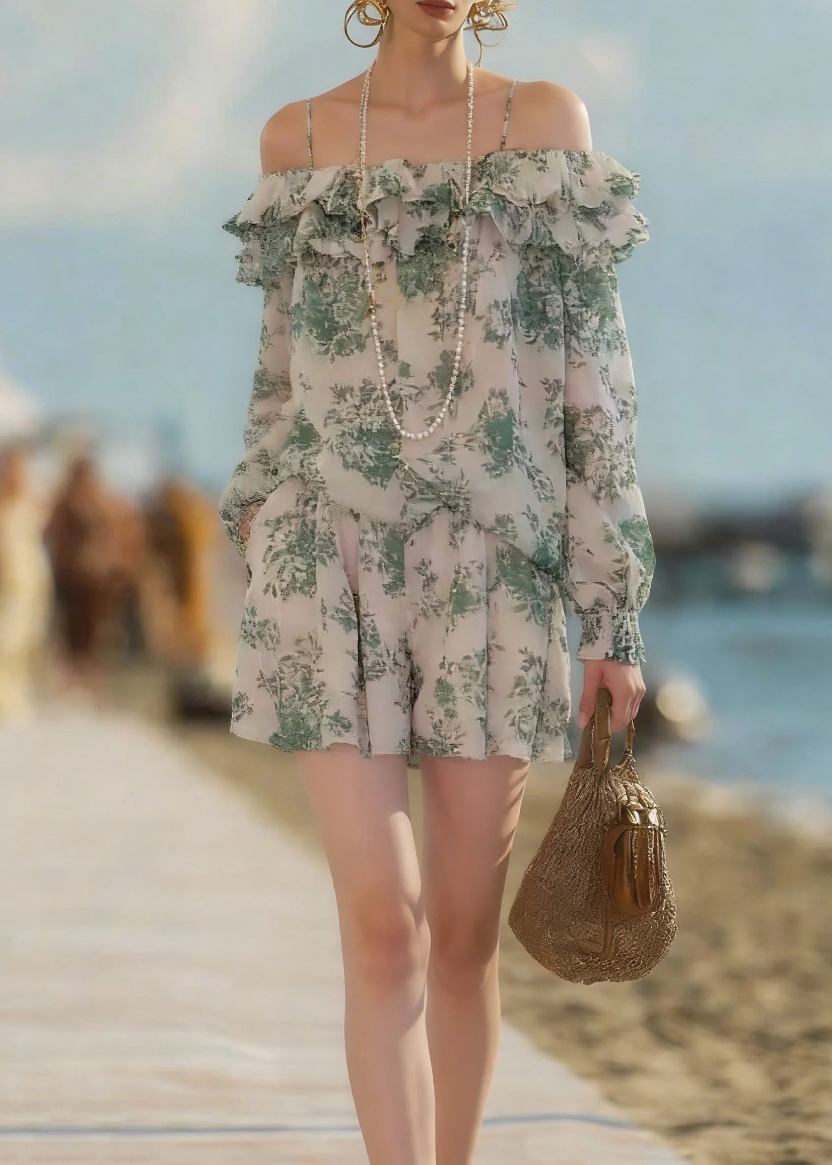 Loose Green Ruffled Print Shirts And Shorts Chiffon Two Pieces Set Summer - Image 3