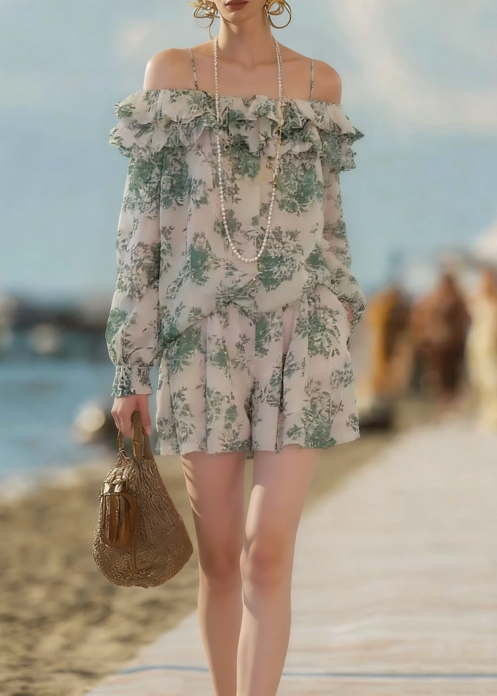 Loose Green Ruffled Print Shirts And Shorts Chiffon Two Pieces Set Summer - Image 5