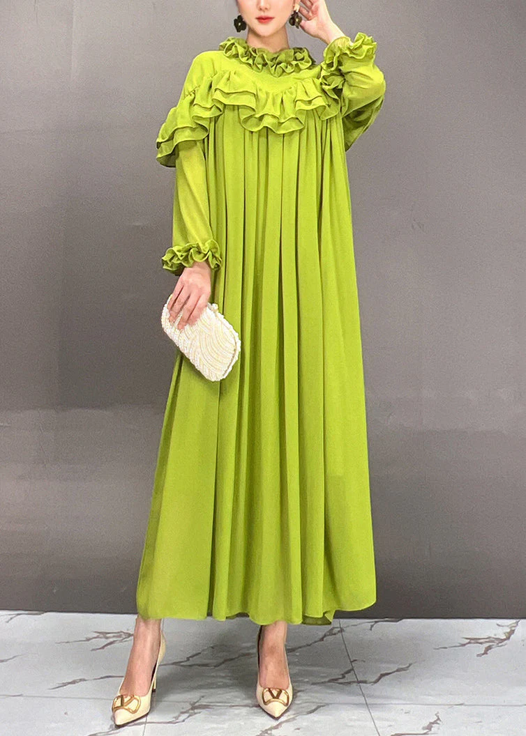 Loose Green Ruffled Solid Chiffon Long Dress Fall - Image 2