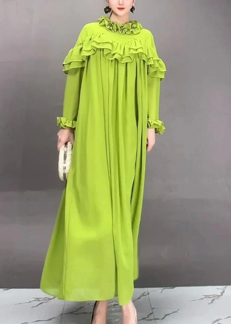 Loose Green Ruffled Solid Chiffon Long Dress Fall - Image 3