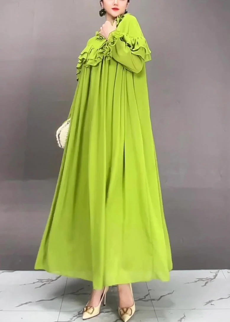 Loose Green Ruffled Solid Chiffon Long Dress Fall - Image 4
