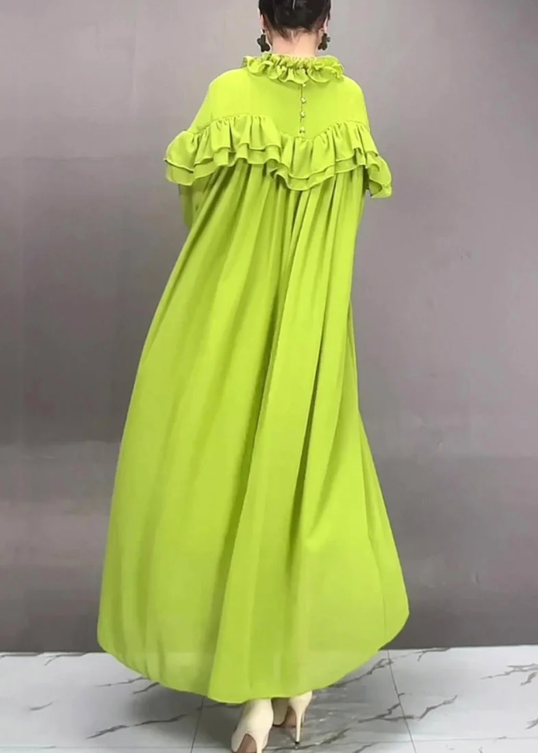 Loose Green Ruffled Solid Chiffon Long Dress Fall - Image 5