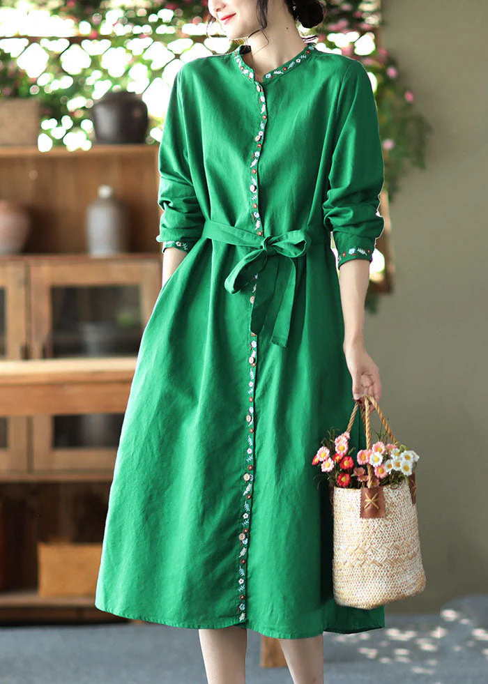 Loose Green Sashes Pockets Linen Holiday Dress Long Sleeve - Image 2