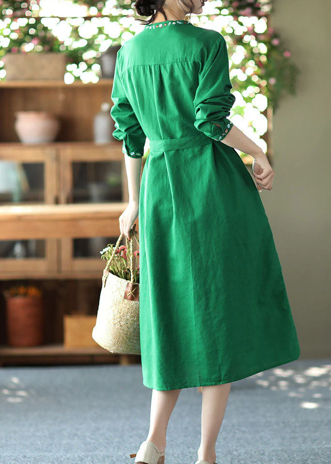 Loose Green Sashes Pockets Linen Holiday Dress Long Sleeve - Image 3