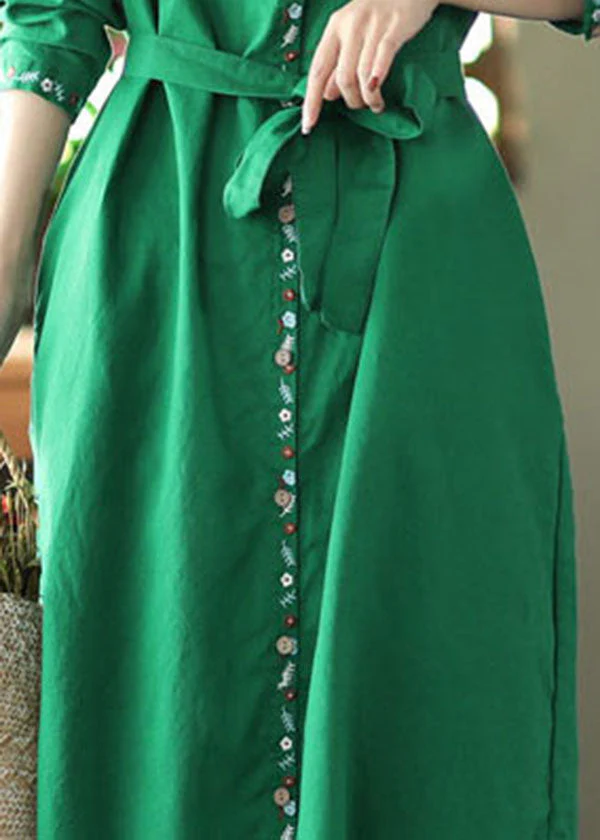 Loose Green Sashes Pockets Linen Holiday Dress Long Sleeve - Image 4