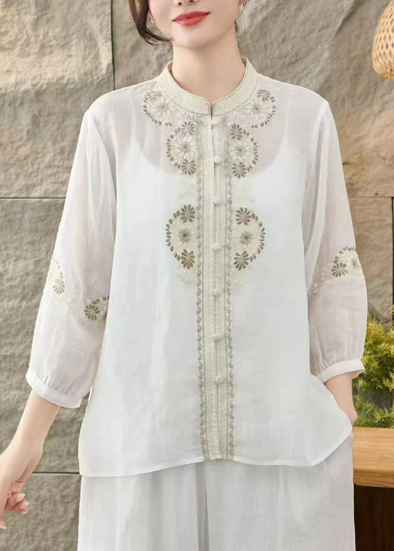 Loose Green Stand Collar Embroidered Linen Tops Bracelet Sleeve - Image 2