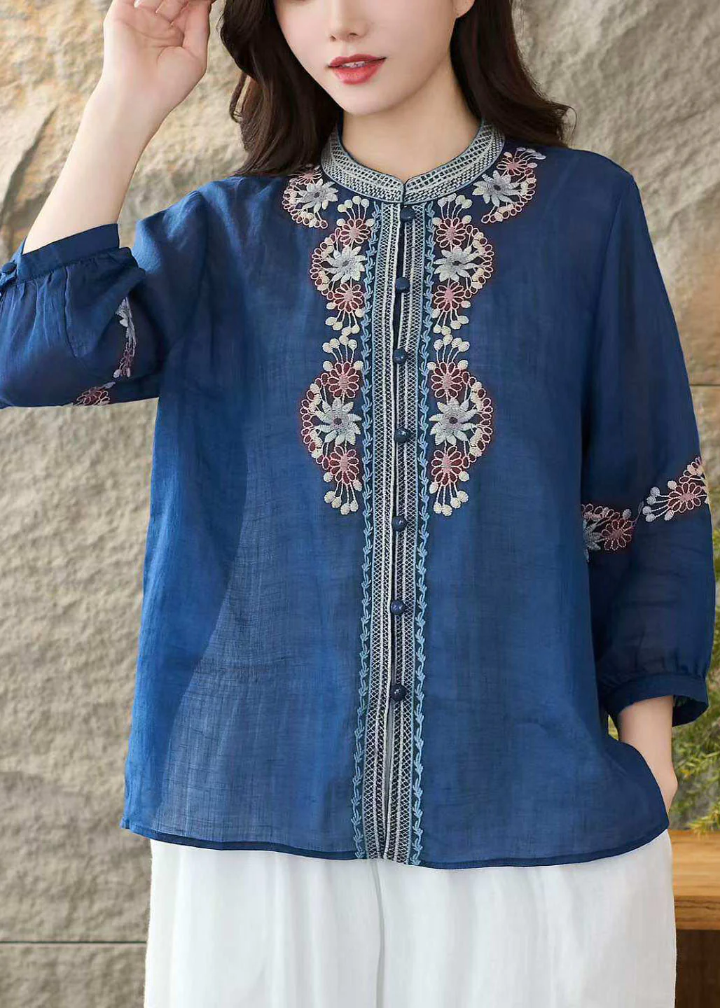 Loose Green Stand Collar Embroidered Linen Tops Bracelet Sleeve - Image 3
