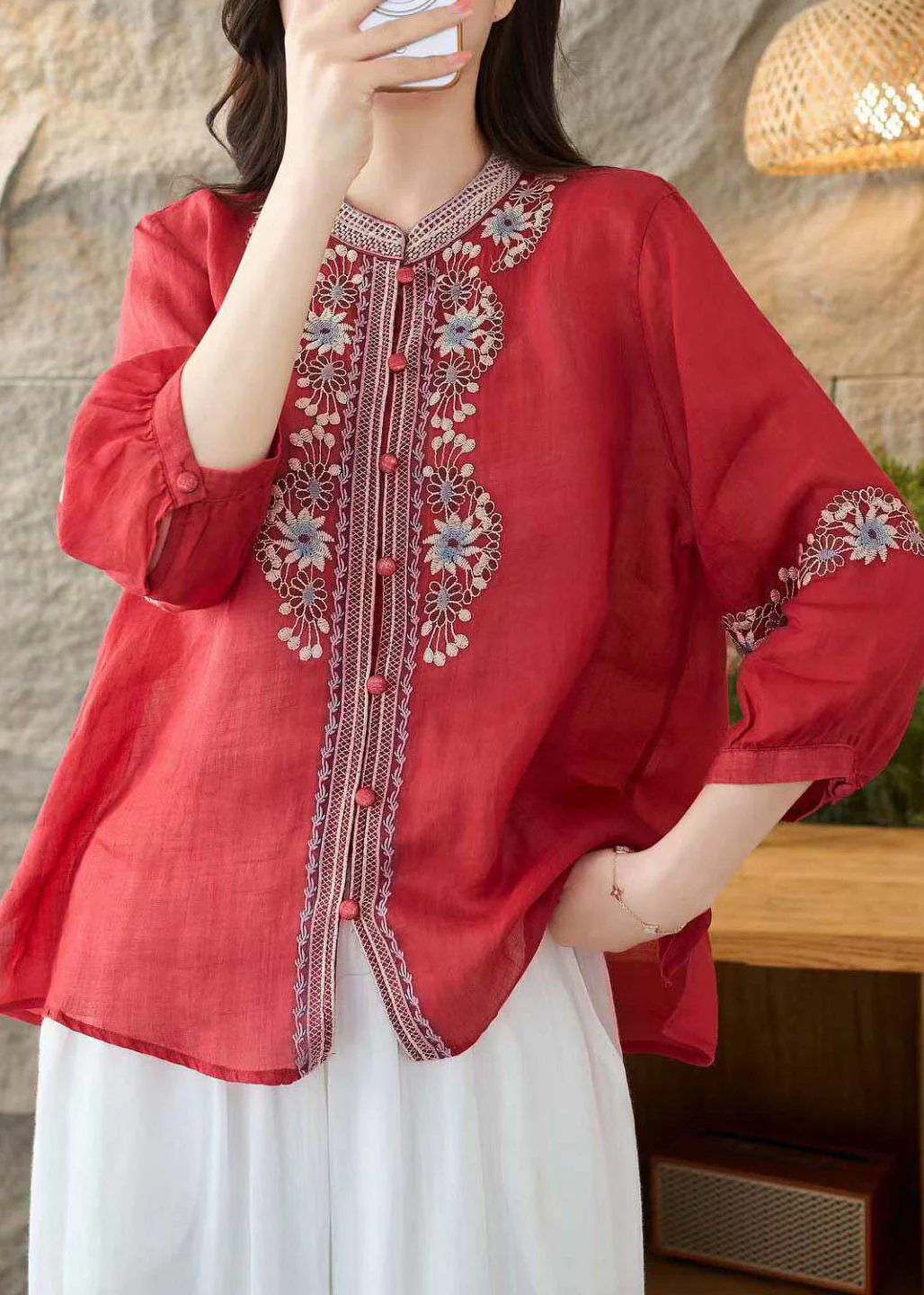 Loose Green Stand Collar Embroidered Linen Tops Bracelet Sleeve - Image 4