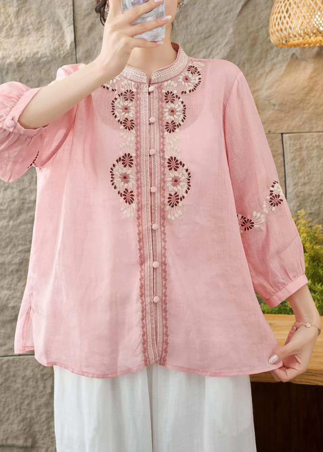 Loose Green Stand Collar Embroidered Linen Tops Bracelet Sleeve - Image 5