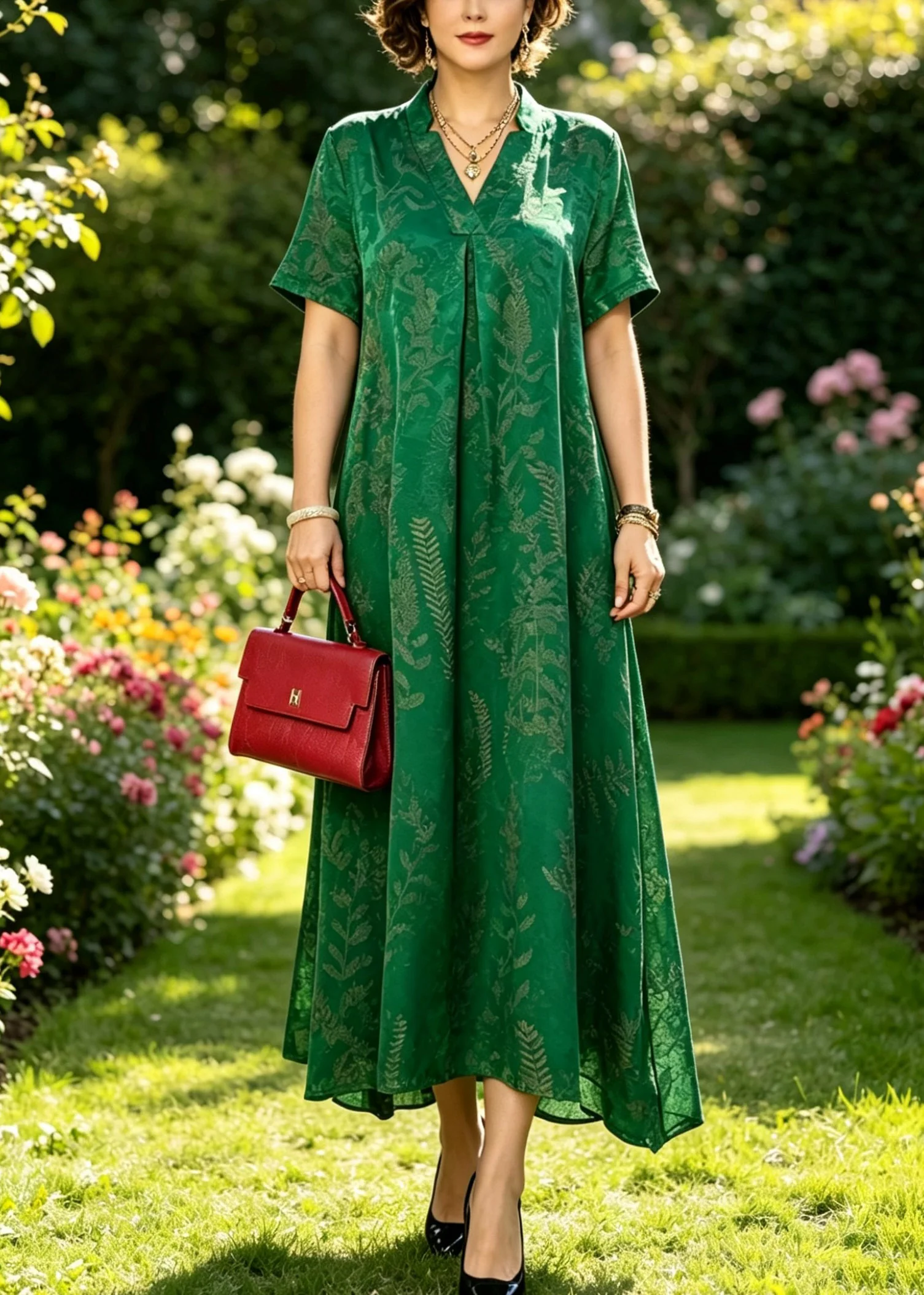 Loose Green Stand Collar Print Silk Maxi Dresses Short Sleeve
