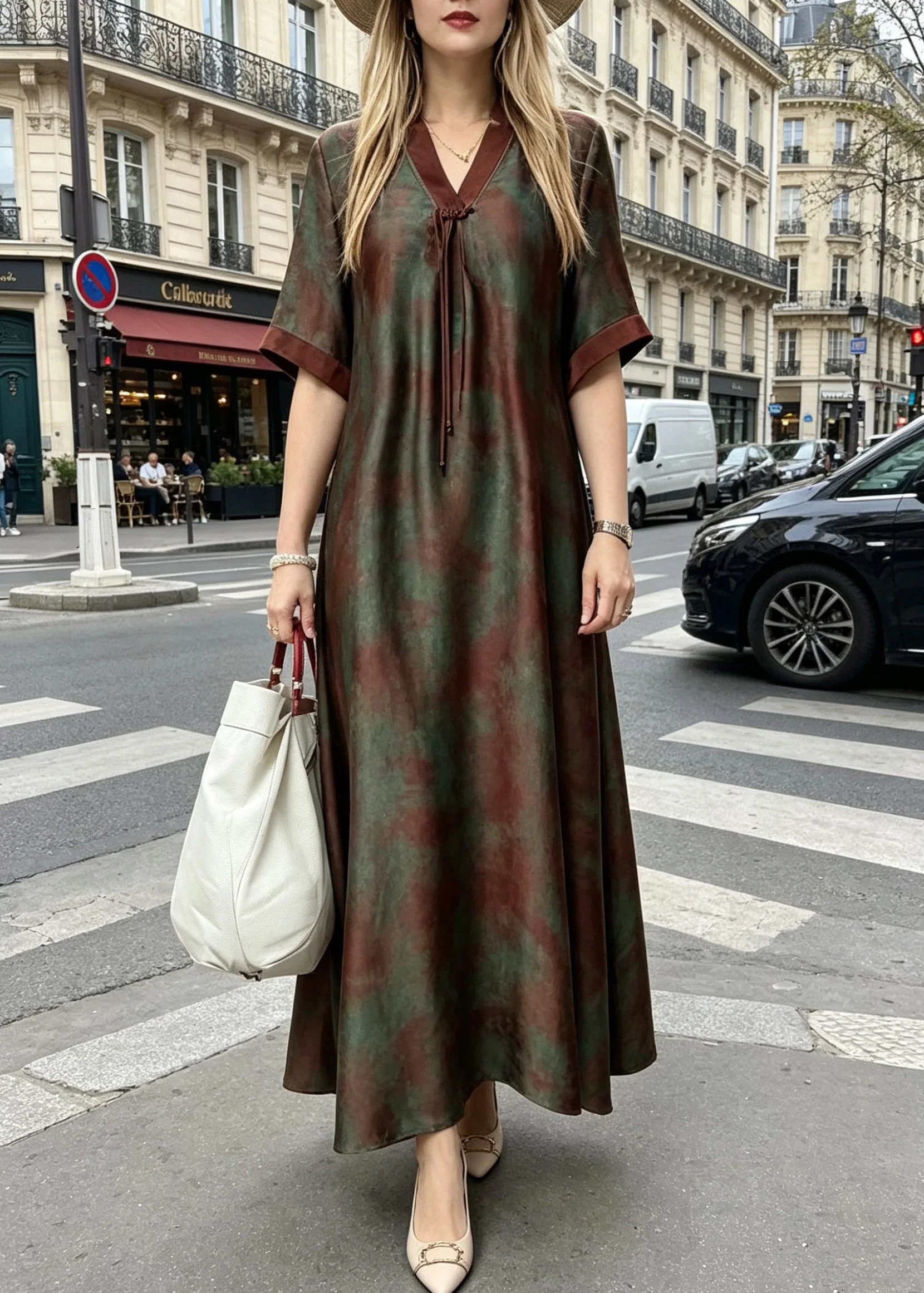 Loose Green Stand Collar Print Silk Maxi Dresses Short Sleeve - Image 2