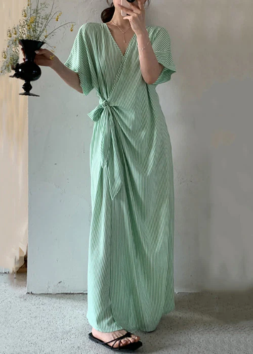 Loose Green Striped Lace Up Cotton Long Dresses Summer - Image 3