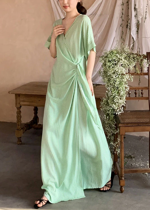 Loose Green Striped Lace Up Cotton Long Dresses Summer - Image 5