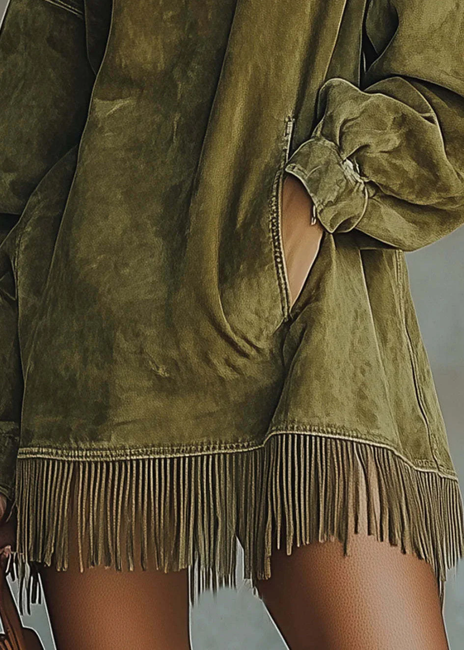 Loose Green Tasseled Pockets Faux Suede Mid Dress Spring - Image 5