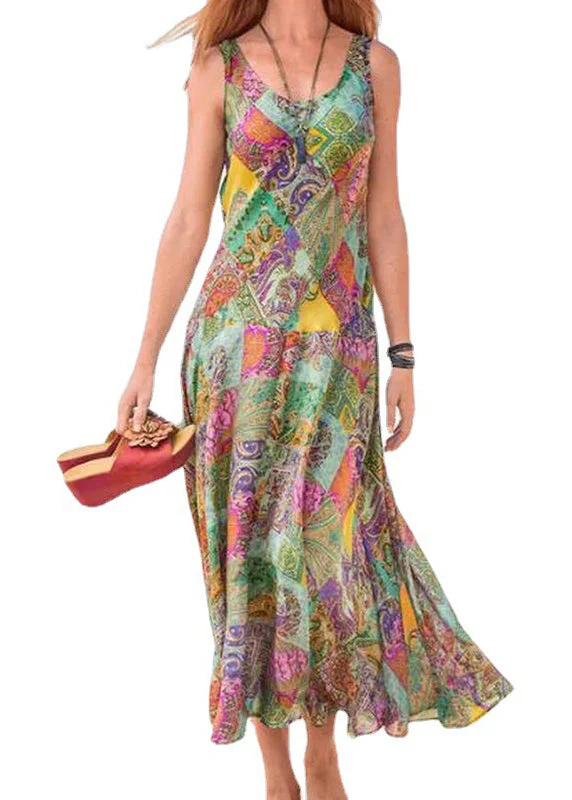 Loose Green U Neck Print Cotton Dresses Sleeveless - Image 5