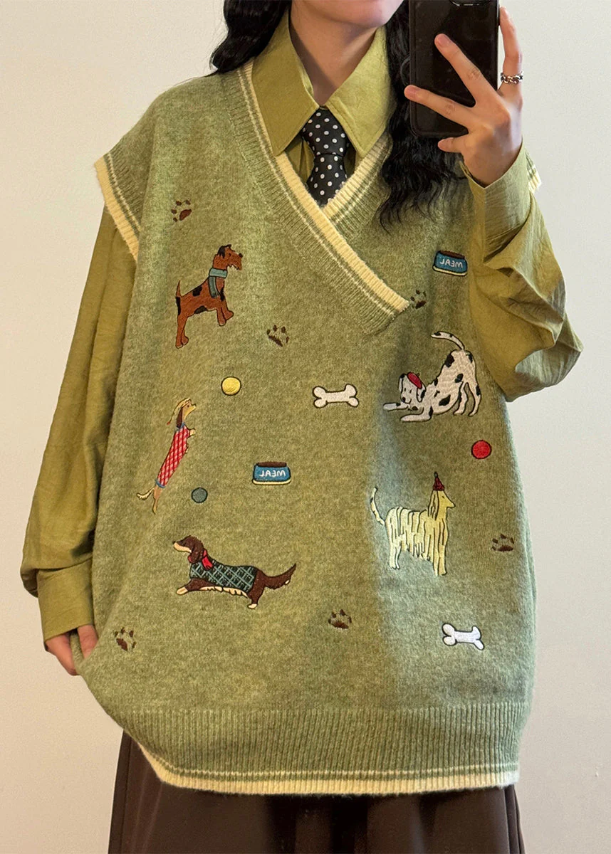 Loose Green V Neck Animal Cozy Knit Vest Sleeveless - Image 3
