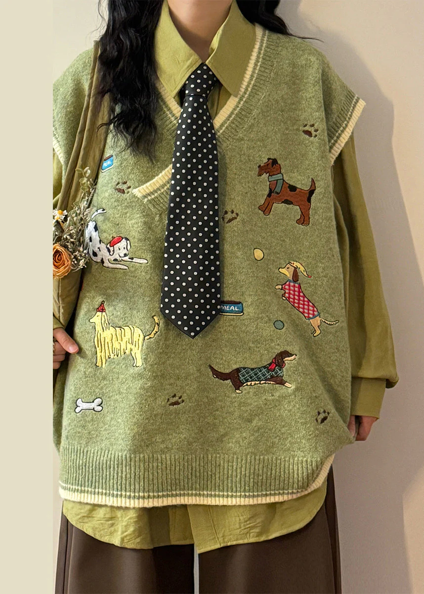 Loose Green V Neck Animal Cozy Knit Vest Sleeveless - Image 4