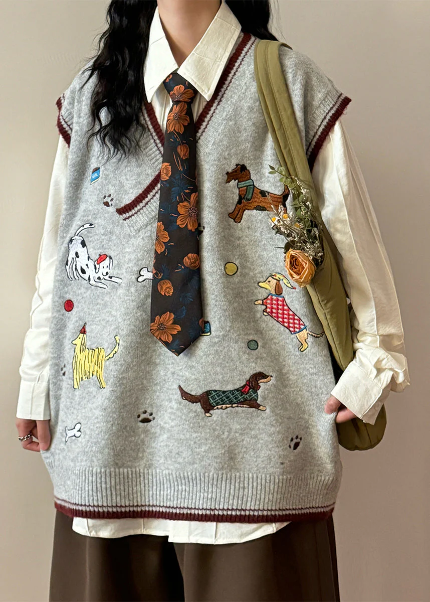 Loose Green V Neck Animal Cozy Knit Vest Sleeveless - Image 5