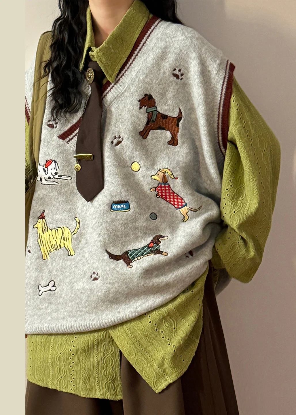 Loose Green V Neck Embroidered Animal Knit Vest Sleeveless - Image 2