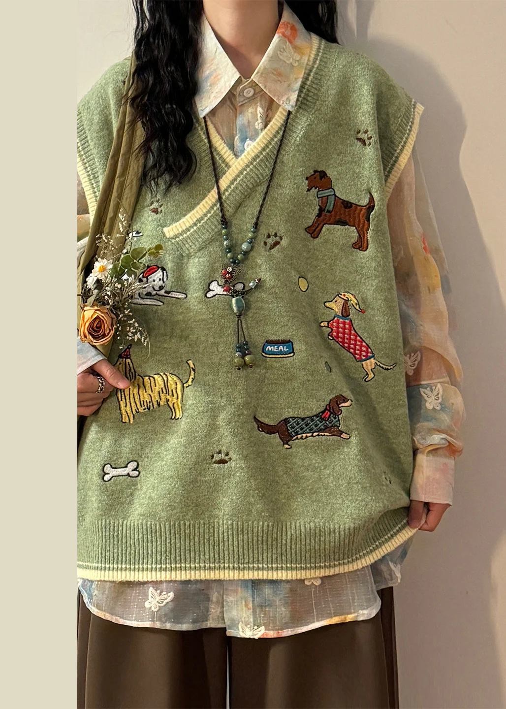Loose Green V Neck Embroidered Animal Knit Vest Sleeveless - Image 3