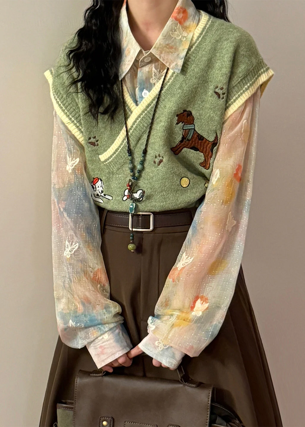 Loose Green V Neck Embroidered Animal Knit Vest Sleeveless - Image 4
