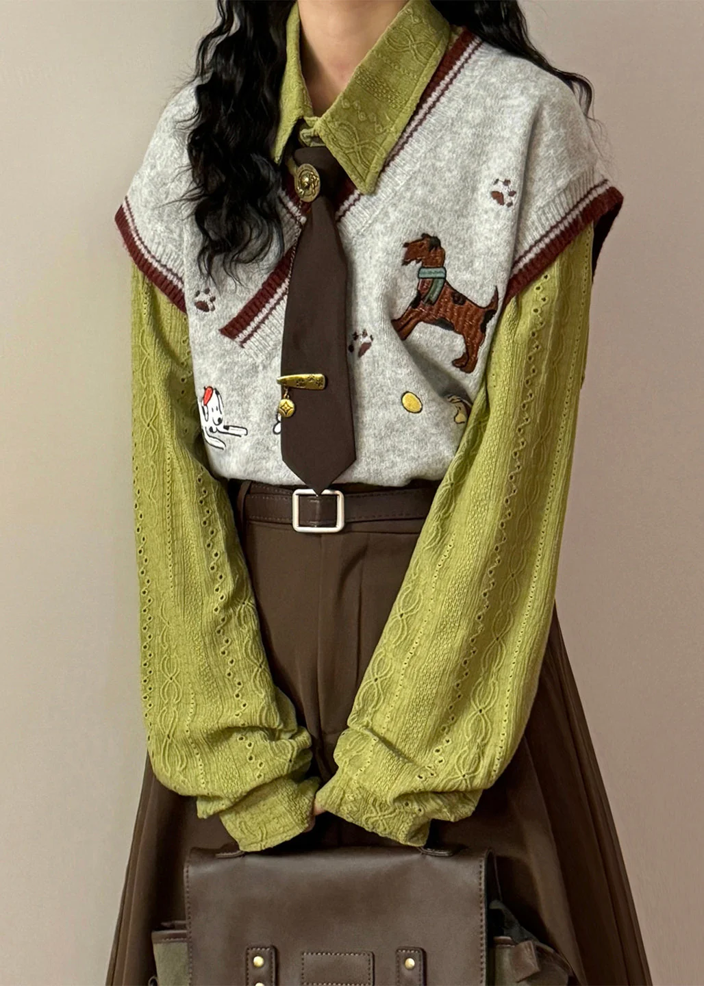 Loose Green V Neck Embroidered Animal Knit Vest Sleeveless - Image 5