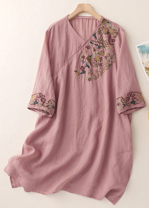 Loose Green V Neck Embroidered Side Open Cotton Mid Dress Half Sleeve - Image 2